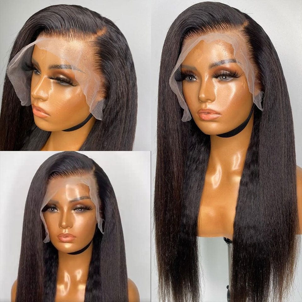 AILUXY 13x4 Lace Frontal Kinky Lisse Longue Noir Perruque 100% Cheveux Humains