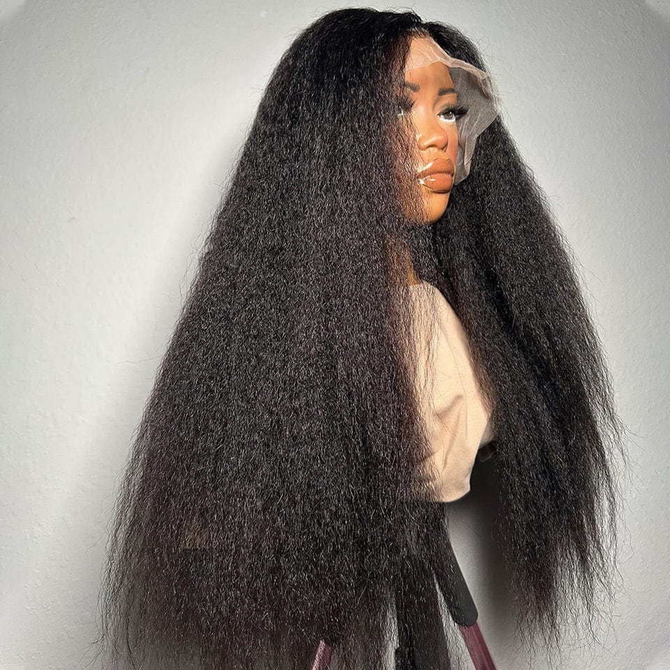 AILUXY 13x4 Lace Frontal Kinky Lisse Longue Noir Perruque 100% Cheveux Humains