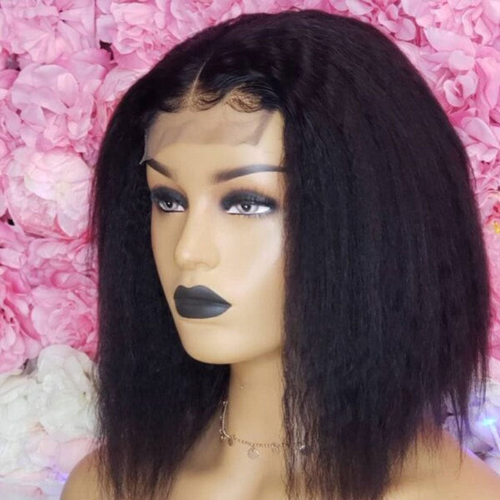 AILUXY 4x4 Lace Closure Perruque Kinky Lisse Bob Perruque Courte Couleur naturelle 200% densité 100% cheveux humains