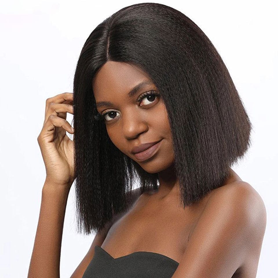 AILUXY 13x4 Lace Frontal Kinky Lisse Noir Bob Perruque 250% Densité 100% Cheveux Humains