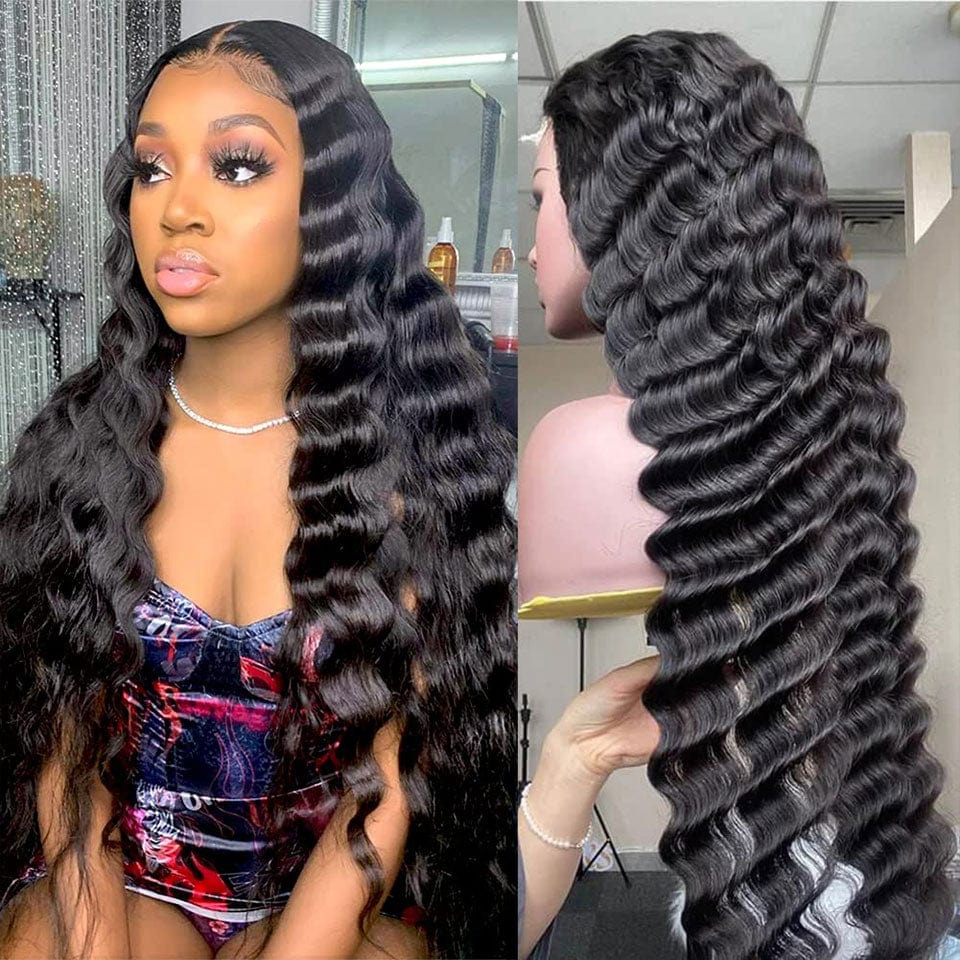 AILUXY 13x4 Lace Frontal Perruque Natural Wave Longue Noir Perruque 200% Densité