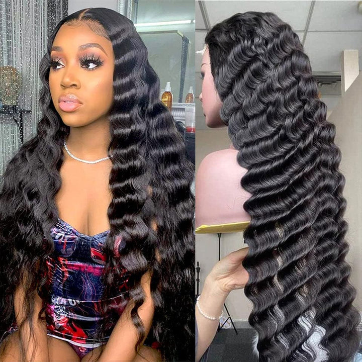 AILUXY 13x4 Lace Frontal Perruque Natural Wave Longue Noir Perruque 200% Densité