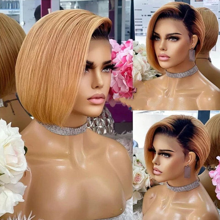 AILUXY Perruque 1B/27# BOB en dentelle avec raie latérale unique