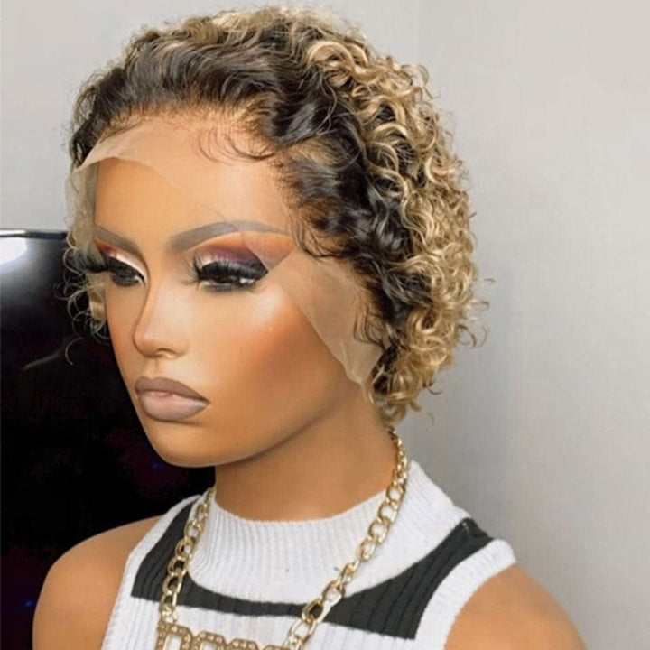 AILUXY T Part Lace Bouclé Noir Châtain 1B/27 Courte Perruque 100% Cheveux Humains