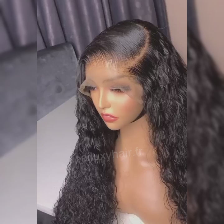 AILUXY 13x4 Lace Frontal Perruque Water Wave Longue Noir 200% Densité 100% Cheveux Humains