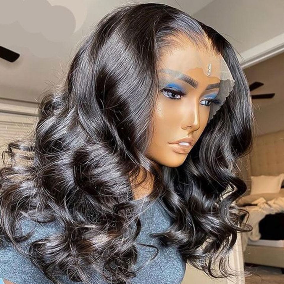 AILUXY 13x4 Lace Frontal Perruque Loose Wave Noir Courte Bob Perruque 250% Densité 100% Cheveux Humains