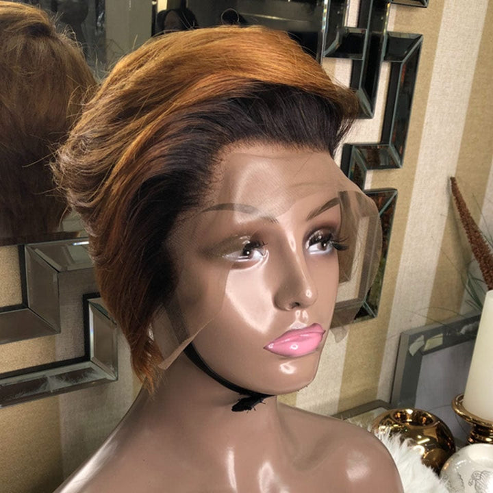 AILUXY T Part Lace Lisse Chocolat Brun 1B/30 Courte Perruque 100% Cheveux Humains