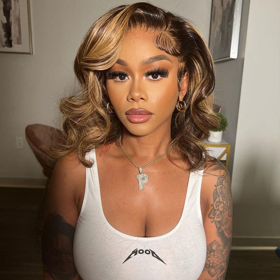 AILUXY 13x4 Lace Frontal Body Wave Brun Balayage Miel #4#27 Courte Bob Perruque 100% Cheveux Humains