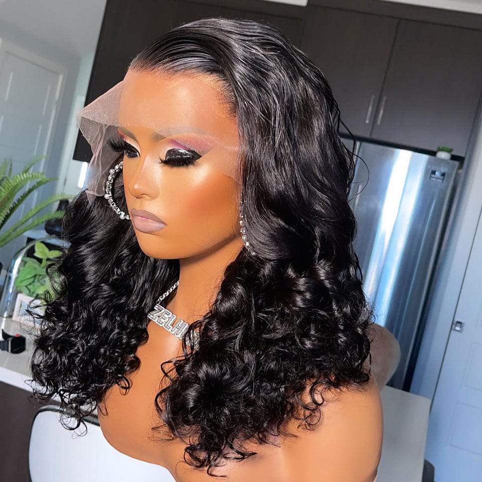 AILUXY 13x4 Lace Frontal Perruque Loose Wave Noir Courte Bob Perruque 250% Densité 100% Cheveux Humains