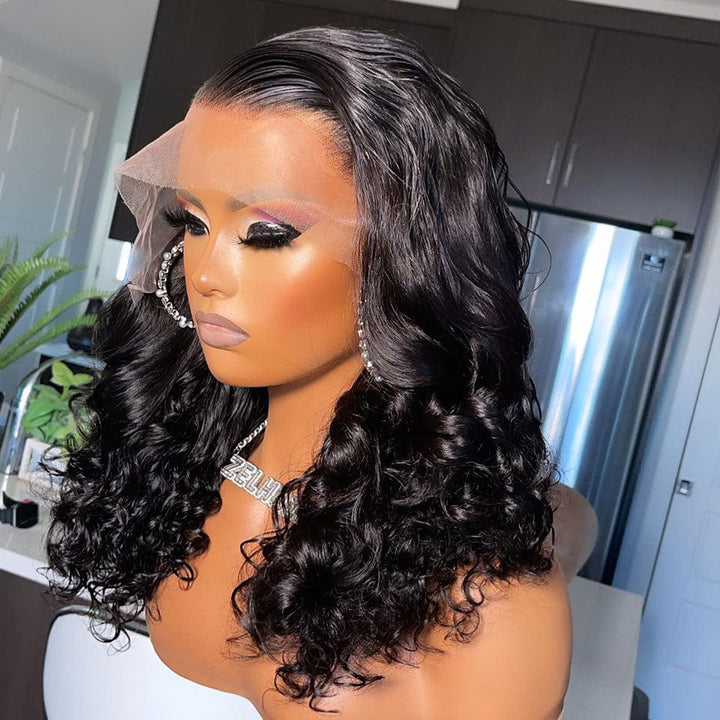 AILUXY 13x4 Lace Frontal Perruque Loose Wave Noir Courte Bob Perruque 250% Densité 100% Cheveux Humains