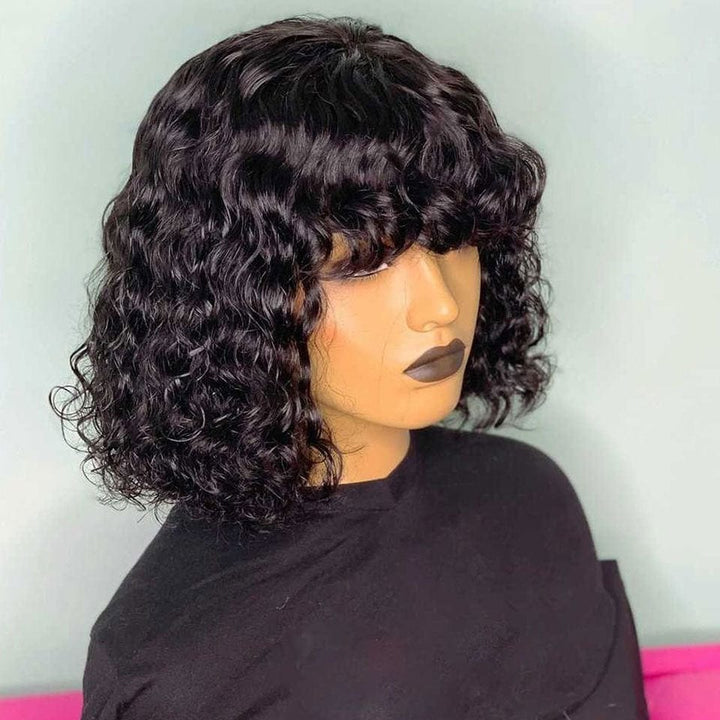 AILUXY Deep Wave Noir Bob Perruque Avec Frange 100% Cheveux Humains