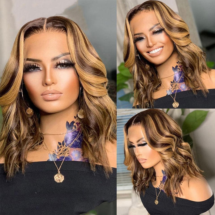 AILUXY 13x4 Lace Frontal Body Wave Brun Balayage Miel #4#27 Courte Bob Perruque 100% Cheveux Humains