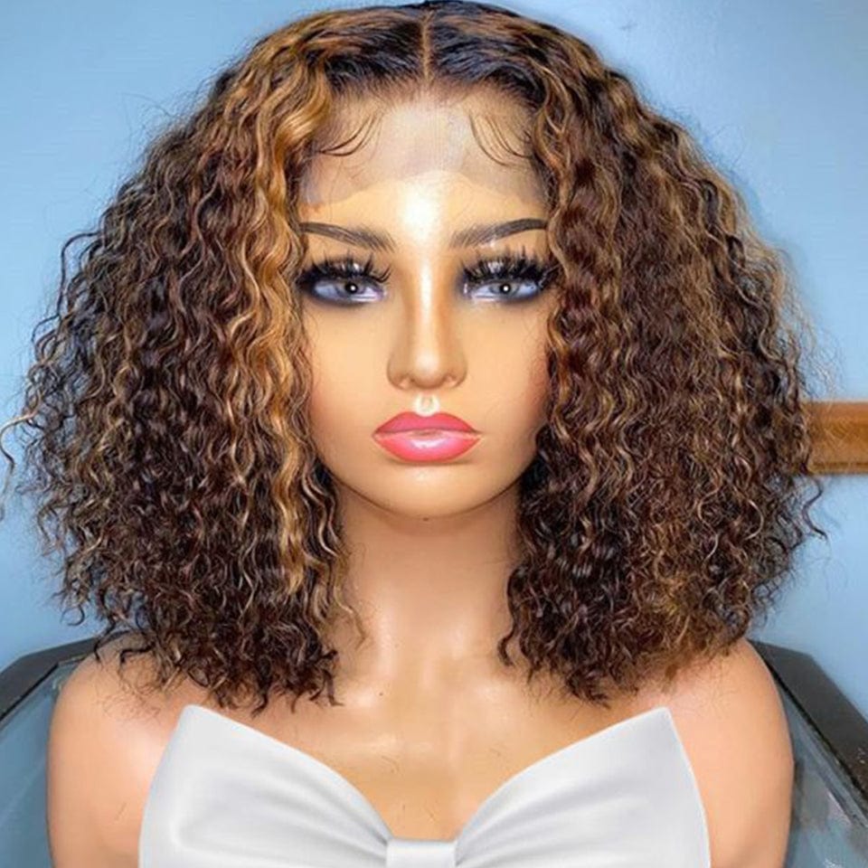 AILUXY 13x4 Lace Frontal Deep Wave Brun Balayage Miel Bob Perruque 100% Cheveux Humains