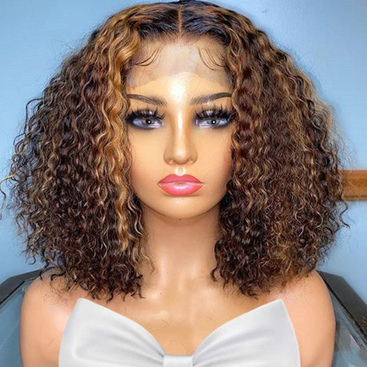 AILUXY 13x4 Lace Frontal Deep Wave Brun Balayage Miel Bob Perruque 100% Cheveux Humains