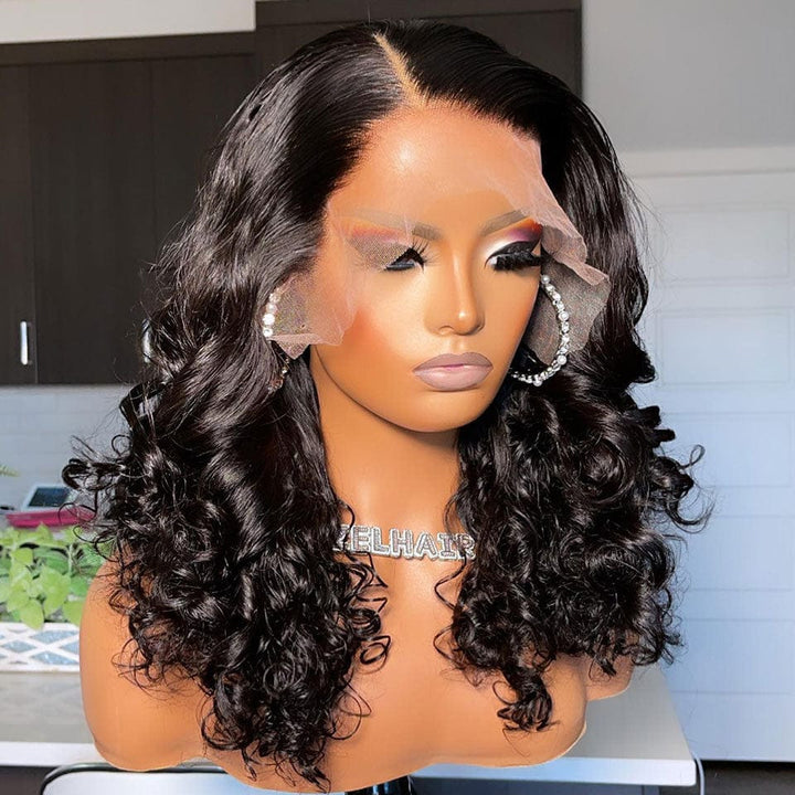 AILUXY 13x4 Lace Frontal Perruque Loose Wave Noir Courte Bob Perruque 250% Densité 100% Cheveux Humains