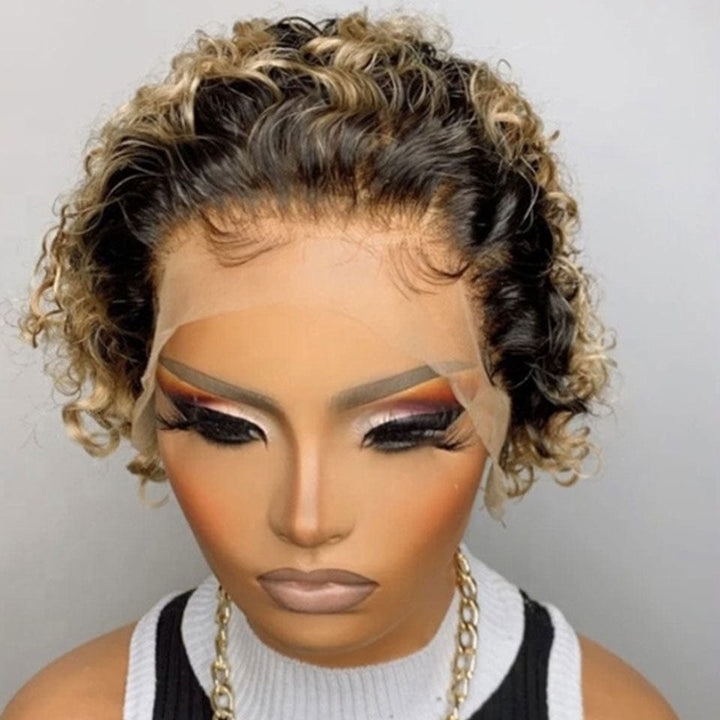 AILUXY T Part Lace Bouclé Noir Châtain 1B/27 Courte Perruque 100% Cheveux Humains