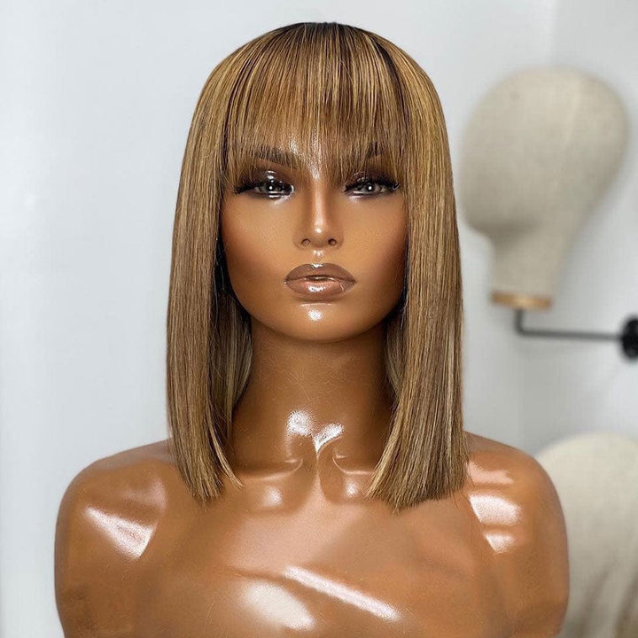 AILUXY Lisse Brun Balayage Miel #4#27 Bob Perruque Avec Frange 100% Cheveux Humains