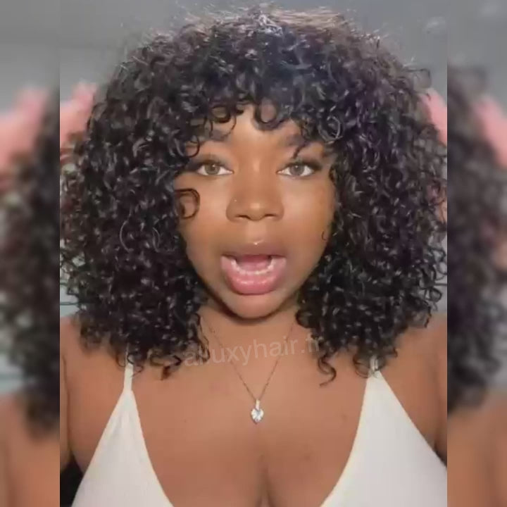 AILUXY Deep Wave Noir Bob Perruque Avec Frange 100% Cheveux Humains