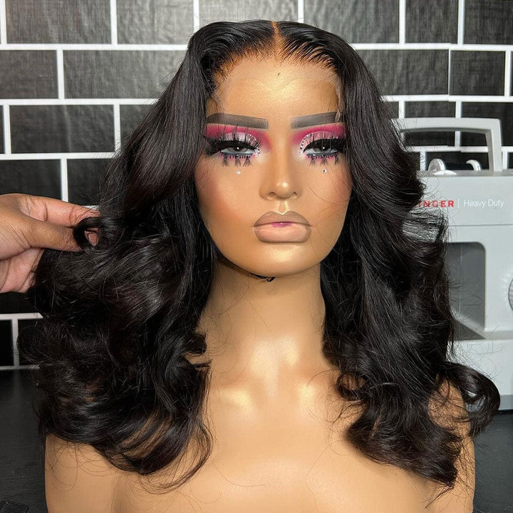 AILUXY 4x4 Lace Closure Perruque Body Wave Noir Courte Bob Perrruque 200% densité 100% cheveux humains