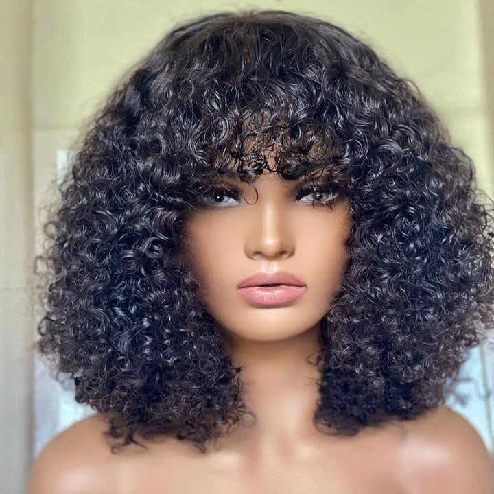 AILUXY Bouclé Noir Bob Perruque Avec Frange Fabriquée à la Machine 100% Cheveux Humains  comme sur la vidéo 2 - 3 jours reçus+Un beau cadeau