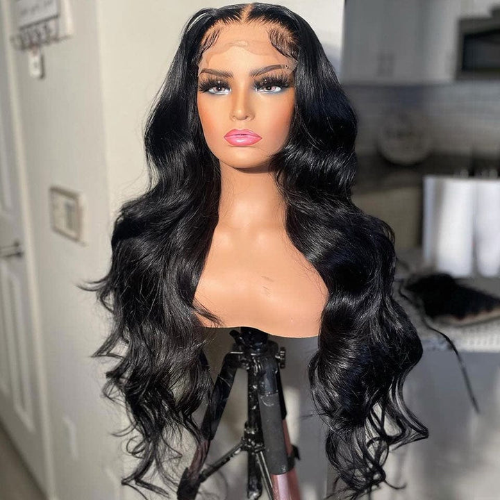 AILUXY Perruque de luxe 4X4 body wave faite de cheveux doublement tirés avec raie naturelle au milieu