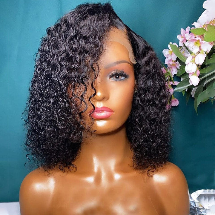 AILUXY 4x4 Lace Closure Perruque Boucleé Courte Bob Perruque Noir 250% densité 100% cheveux humains