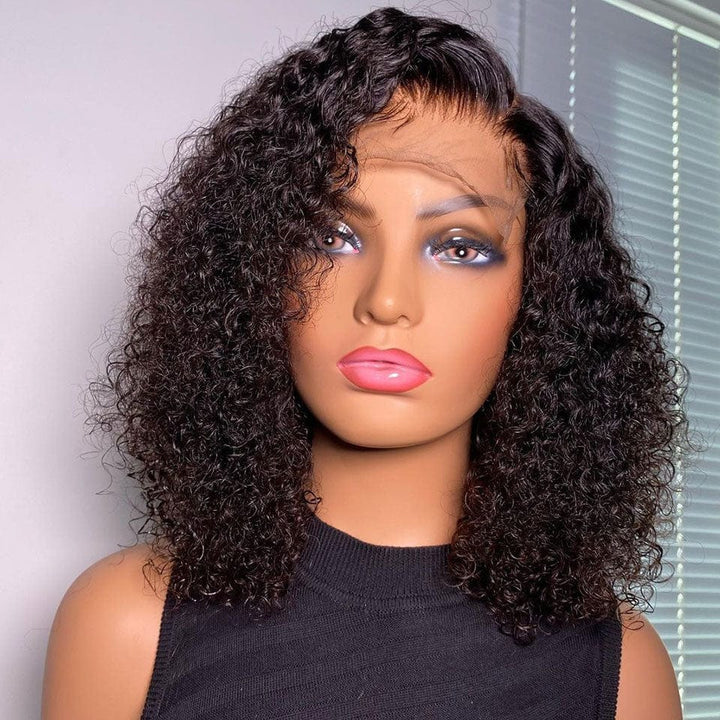 AILUXY 4x4 Lace Closure Perruque Boucleé Courte Bob Perruque Noir 250% densité 100% cheveux humains