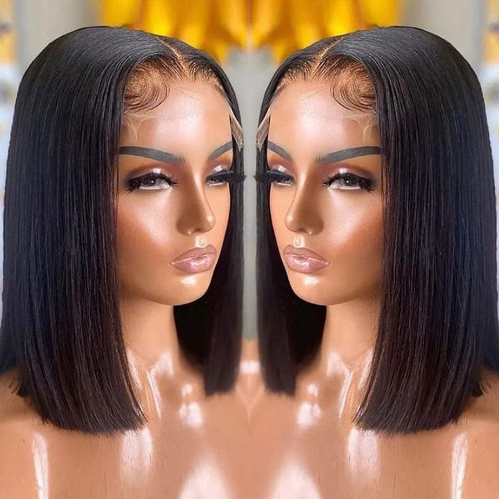 AILUXY 4x4 Lace Closure Perruque Lisse Bob Perruque Courte Noire 200% densité 100% cheveux humains