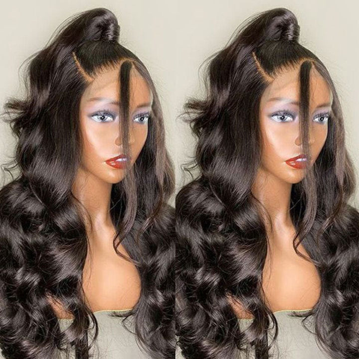 AILUXY Perruque de luxe 4X4 body wave faite de cheveux doublement tirés avec raie naturelle au milieu
