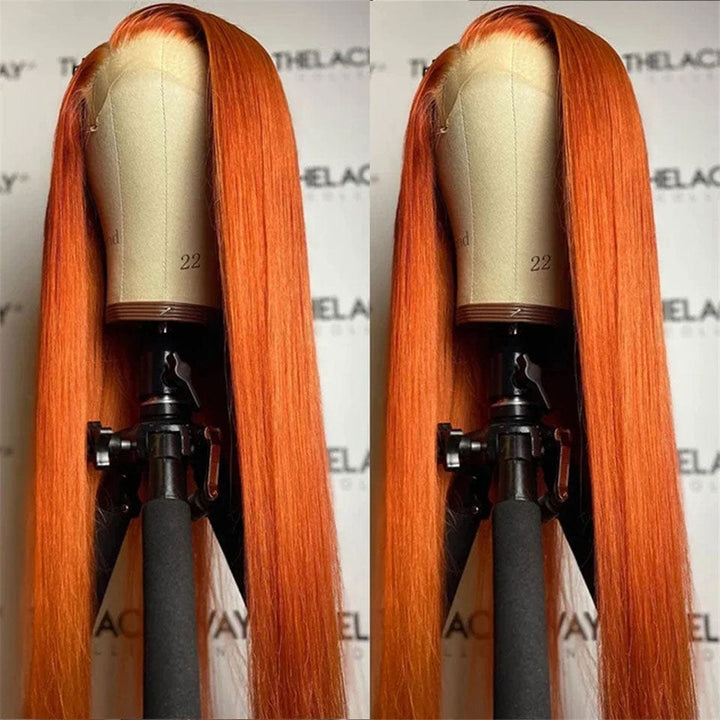 AILUXY 13x4 Lace Frontal Perruque Orange Lisse Longue Perruque 200% Densité 100% Cheveux Humains