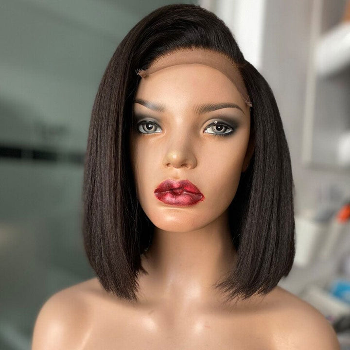 AILUXY 4x4 Lace Closure Perruque Kinky Lisse Bob Perruque Courte Couleur naturelle 200% densité 100% cheveux humains