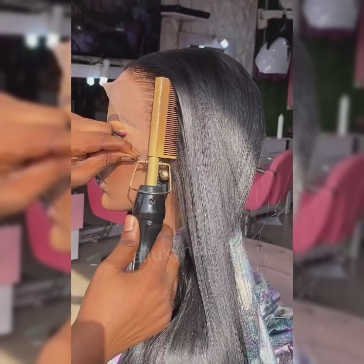 AILUXY 13x6 Lace Frontal Perruque Lisse Longue Noir 250% Densité 100% Cheveux Humains
