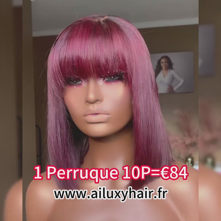 AILUXY 99J Rouge Bourgogne Lisse Bob Perruque Avec Frange 100% Cheveux Humains