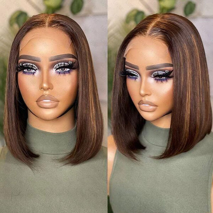 AILUXY 4x4 Lace Closure Brun Balayage Caramel Bob Perruque Lisse Courte Perruque en Couleur 4#30#4 100% Cheveux Humains