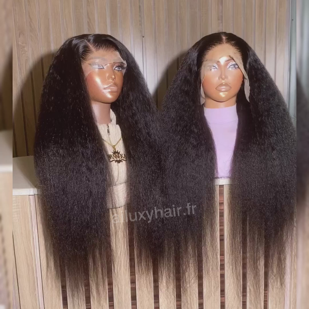 AILUXY 13x4 Lace Frontal Perruque Kinky Lisse Longue Noir 250% Densité 100% Cheveux Humains