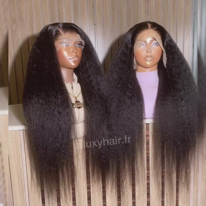 AILUXY 13x4 Lace Frontal Perruque Kinky Lisse Longue Noir 250% Densité 100% Cheveux Humains