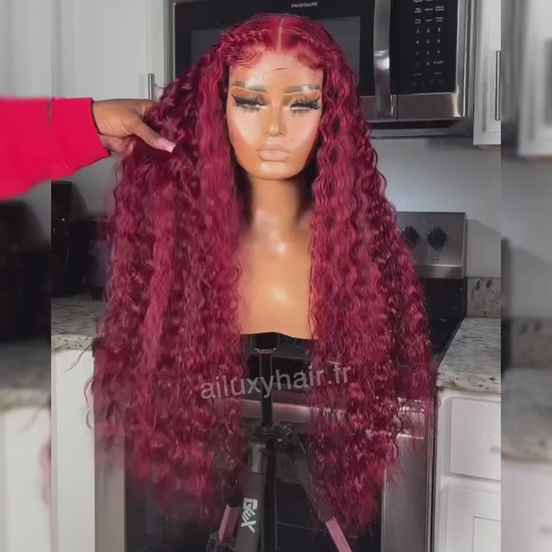 AILUXY 13x4 Lace Frontal 99J Bourgogne Deep Wave Longue Perruque 100% Cheveux Humains