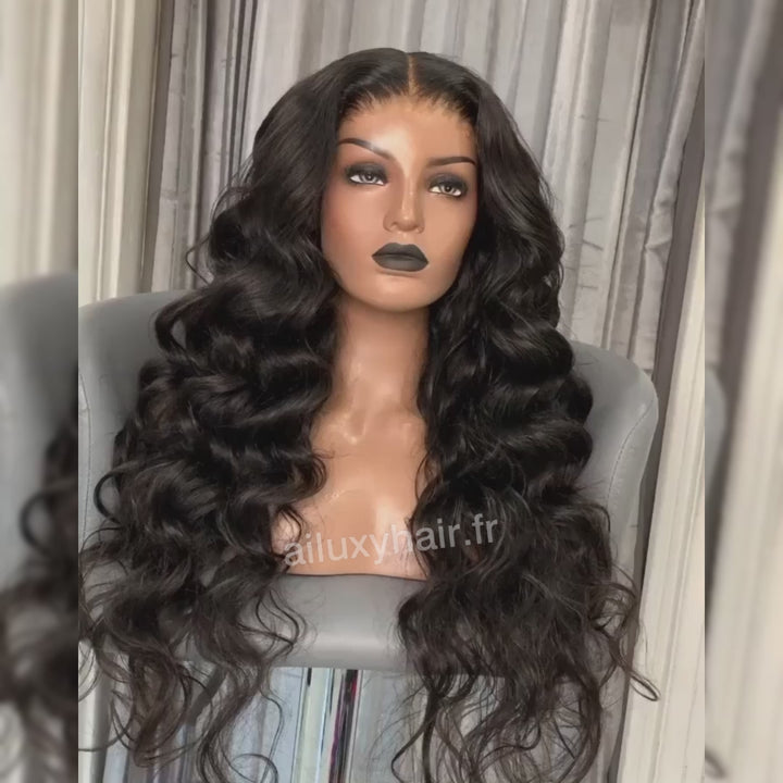 AILUXY 4x4 Lace Closure Perruque Loose Wave Longue Noir 250% densité 100% cheveux humains