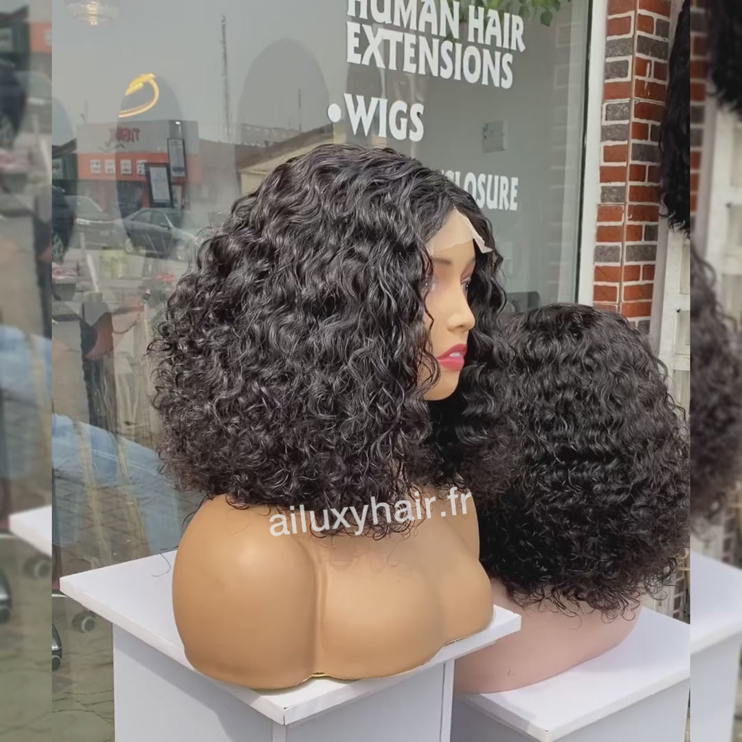 AILUXY 4x4 Lace Closure Deep Wave Bob Perruque 200% densité 100% cheveux humains