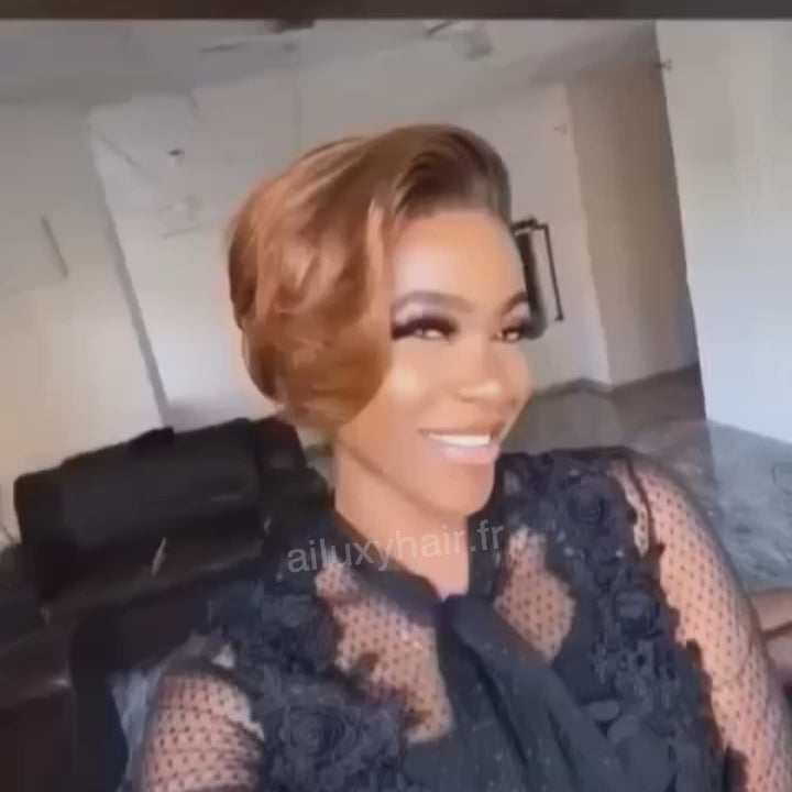 AILUXY T Part Lace Lisse Chocolat Brun 1B/30 Courte Perruque 100% Cheveux Humains