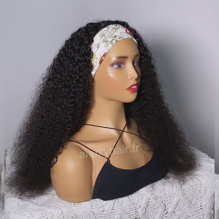 AILUXY Perruque Bandeau Bouclé Longue Noir Perruque 100% Cheveux Humains