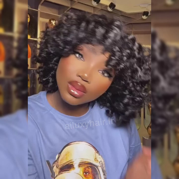 AILUXY Perruque Frange Noire Egg Wave | 100% Cheveux Humains, Coupe Courte Élégante