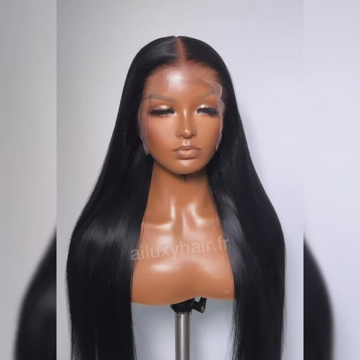 Vente Flash AILUXY 13x4 Lace Frontal Perruque Lisse Longue Noir 200% Densité 100% Cheveux Humains
