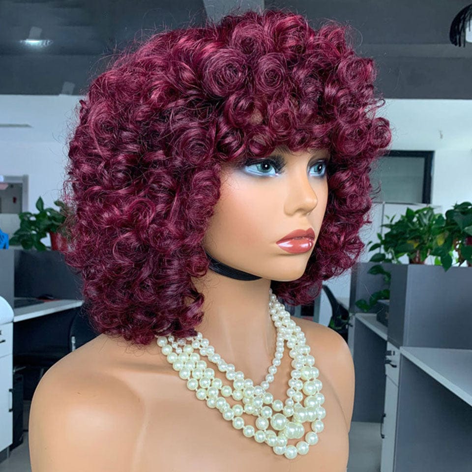 AILUXY 99J Bourgogne Egg Wave Courte Perruque Avec Frange 100% Cheveux Humains