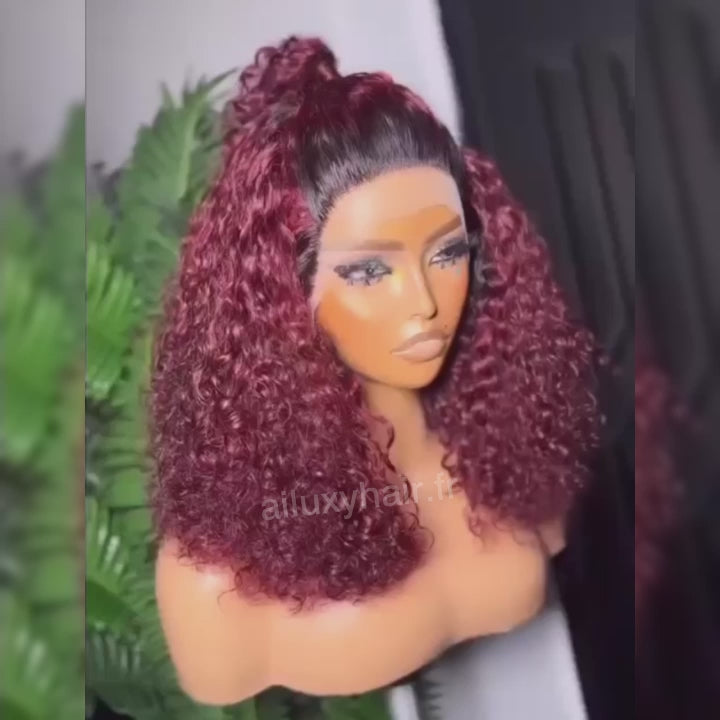 AILUXY 13x4 Lace Frontal 99J Avec Racine Noire Bouclé Perruque Couleur Mixte 1B99J