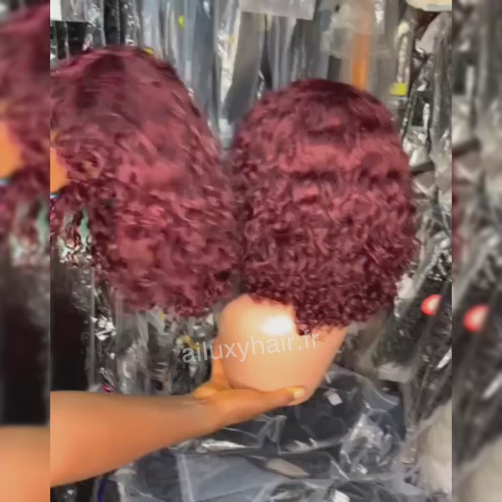 AILUXY Deep Wave Rouge Foncé 99J Bob Perruque Avec Frange Fabriquée À La Machine
