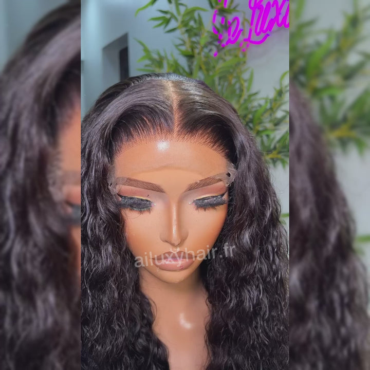 AILUXY 4x4 Lace Closure Perruque Bouclée Longue Couleur Naturelle 250% densité 100% cheveux humains