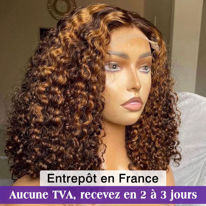 AILUXY Perruque Bob Deep Wave Brun Miel #4/27 | Fermeture en dentelle 4x4 pour un look naturel