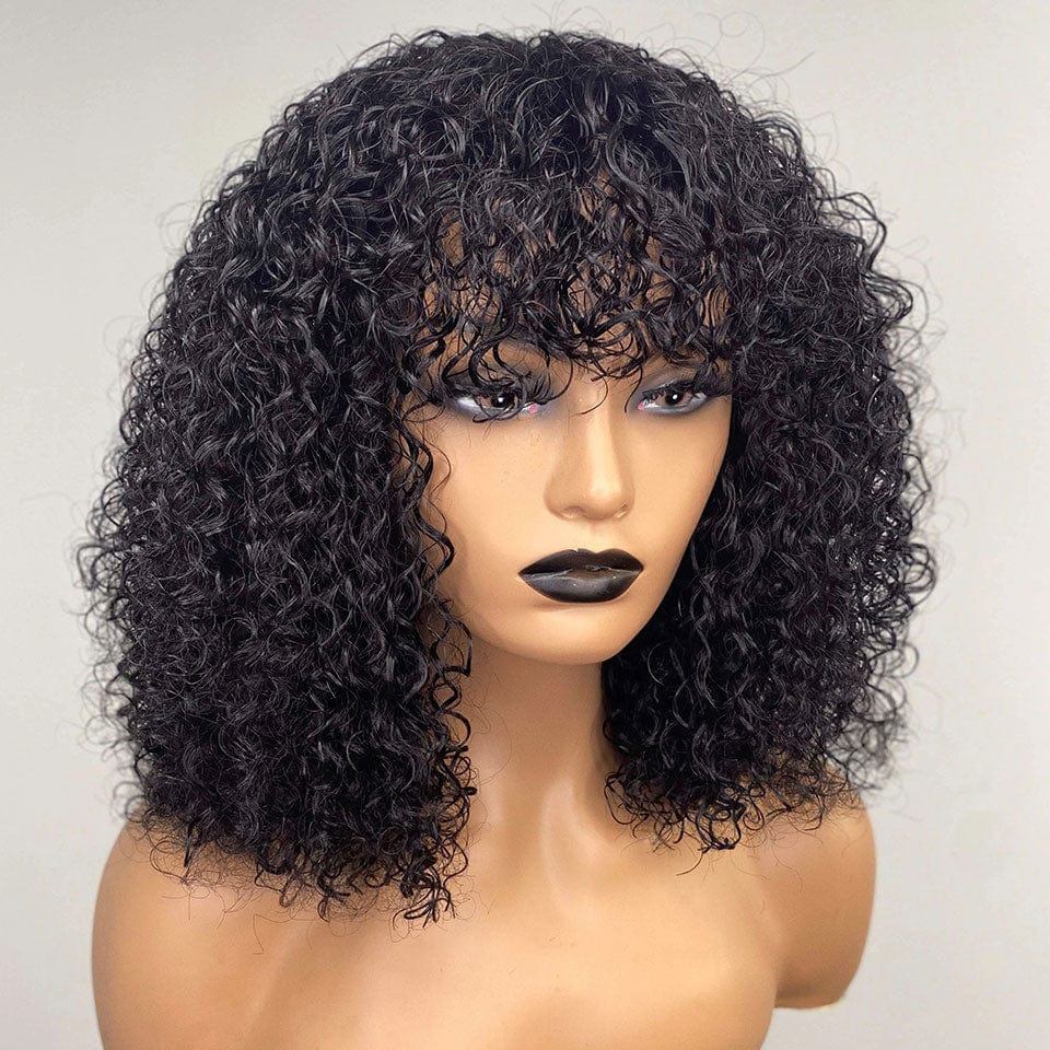 AILUXY Bouclé Noir Bob Perruque Avec Frange Fabriquée à la Machine 100% Cheveux Humains  comme sur la vidéo 2 - 3 jours reçus+Un beau cadeau