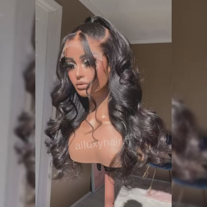 AILUXY Perruque de luxe 4X4 body wave faite de cheveux doublement tirés avec raie naturelle au milieu